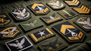 A group of patches on a green cloth