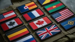 A group of custom flags patches on a fabric surface