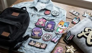 A grey denim jacket, a black bag, and fabric are lying on a wooden table having K-pop, anime, and cartoon-inspired custom embroidered, PVC, and chenille patches on them.
