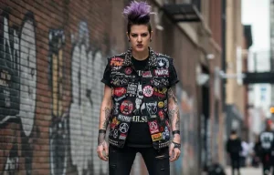 A jacket with punk rock custom patches that shows multiple iconic punk symbols and band logos in an urban back alley with wall graffiti.