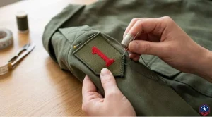 Hand sewing a custom patch on a shirt.