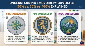 Infographics comparing 50%, 75%, and 100% embroidery coverage on custom patches.