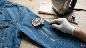 Removing an embroidered patch from a denim jacket by hand.