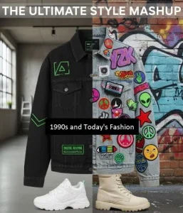 Split screen version of a modern black jacket having minimal neon patches, with a vintage 1990s denim jacket having colorful embroidered patches.