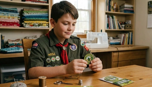 A Boy Scout holding a round Boy Scout patch.