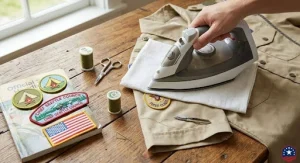 Applying a Boy Scout iron-on patch on a shirt.