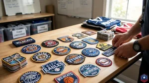 Custom sports team patches displayed on a table.
