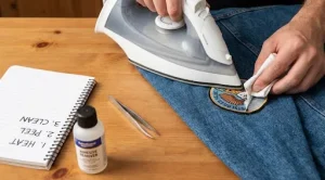ron-on patch removal from blue denim using cloth, iron, adhesive remover and tweezers.