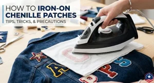 Ironing on a chenille patch on a denim jacket.