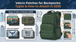 Various types of Velcro patches for backpacks and the step-by-step process for attaching them.