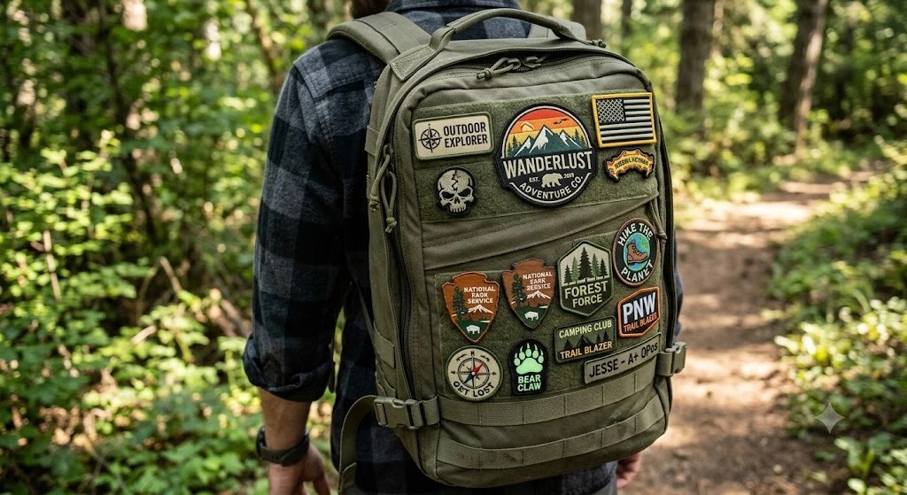 custom Velcro patches attached to a backpack