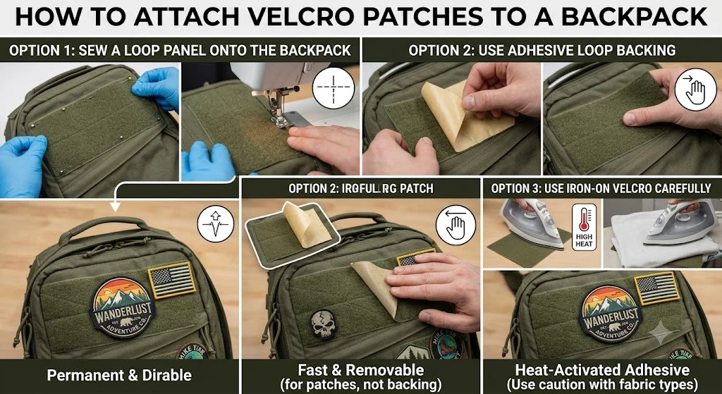 how to attach a Velcro patch to a backpack