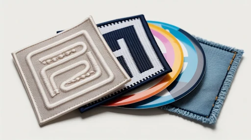 Common iron on patch types: embroidered (left), woven (center), PVC (right), and standard denim repair patches.