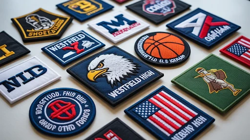 Custom embroidered iron on patches produced for US schools, sports teams, businesses, and uniform programs.