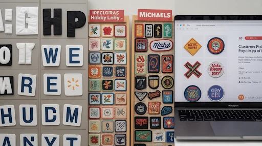 US retail options for iron on patches: Walmart carries repair and letter patches; Hobby Lobby and Michaels stock a broader craft range; custom patches require an online supplier.