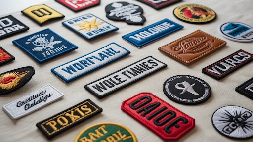 Different types of sew on patches laid on a plain surface.
