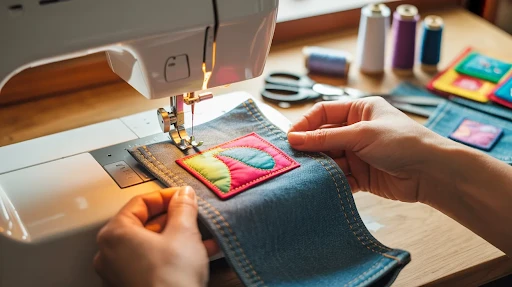 Sewing a patch with a sewing machine.