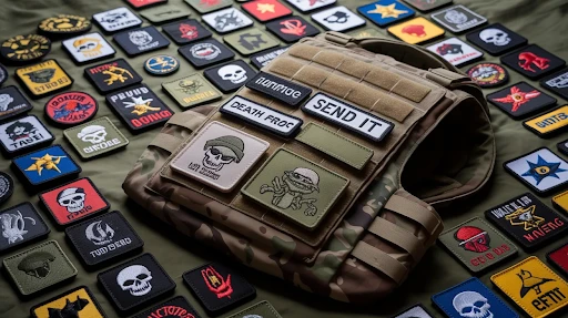 Velcro patches laid on a smooth surface with a military vest.