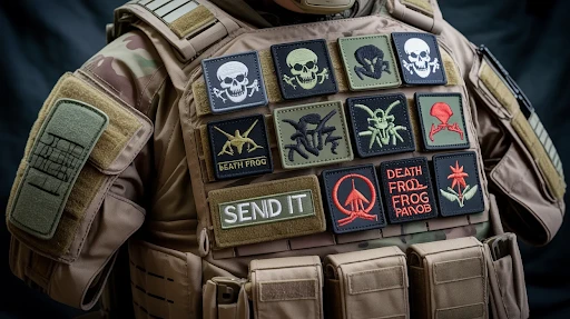 Velcro patches placed on a smooth surface with military gear.