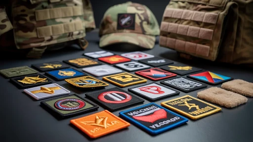 Velcro patches placed on a smooth surface with military gear.