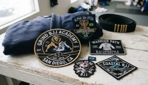 BJJ custom patches lying on a table.