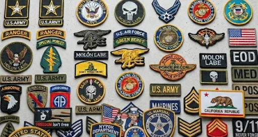 Custom patches on a display wall.