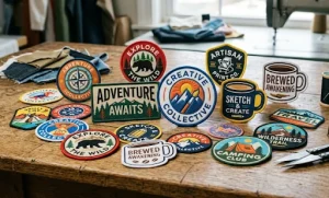 Custom printed patches lying on a wooden table.