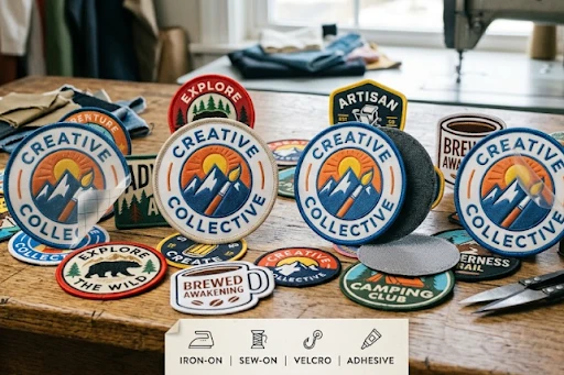 Custom printed patches with different backing types lying on a wooden table.
