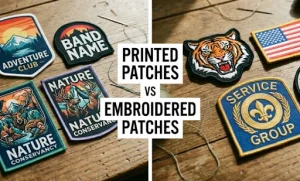 Printed patches vs embroidered patches side-by-side comparison on a wooden table.