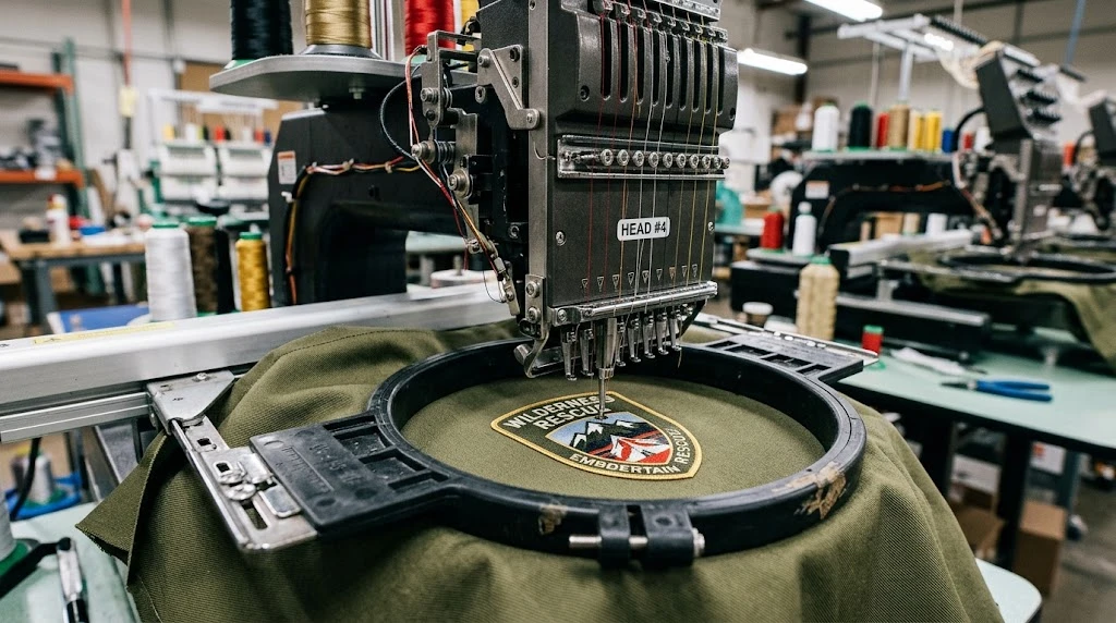Commercial embroidery machine stitching a custom embroidered patch on twill at The American Patch