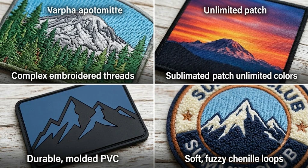 Comparison of four custom mountain patch types showing embroidered, sublimated, PVC, and chenille textures side by side