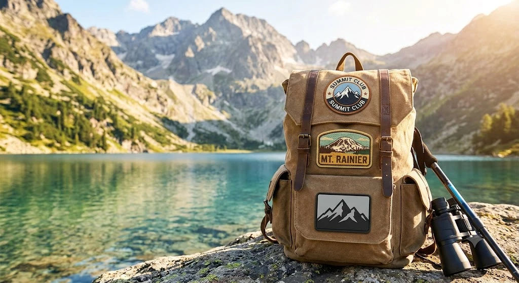 Custom embroidered, chenille, and PVC mountain patches attached to a canvas hiking backpack with snowy mountains in the background