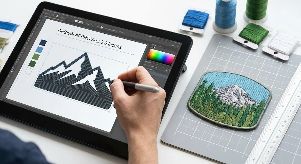 Graphic designer creating a vector mountain logo on a digital tablet next to a finished embroidered patch sample