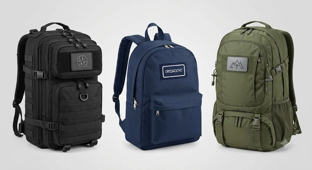 Hook and loop patches attached to tactical, school, and outdoor backpacks