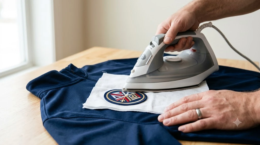 Iron-on embroidered patch being applied to a navy polyester jacket through a cotton pressing cloth