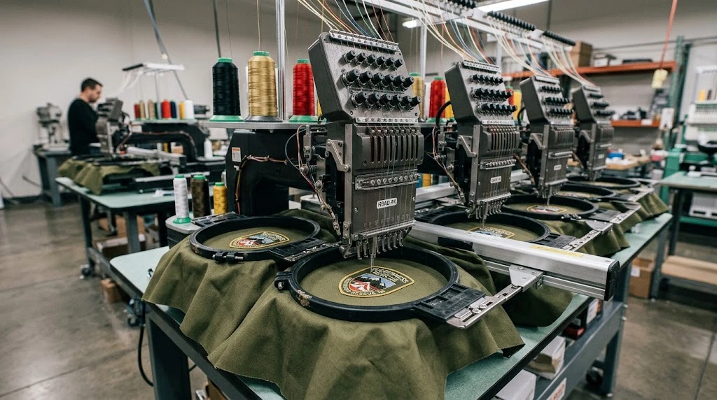 Multi-head embroidery machine running identical embroidered patches in a commercial production facility