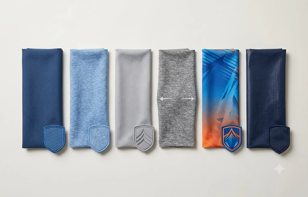 Firm, moisture-wicking, stretch, sublimated, and waterproof polyester fabrics compared before patch application