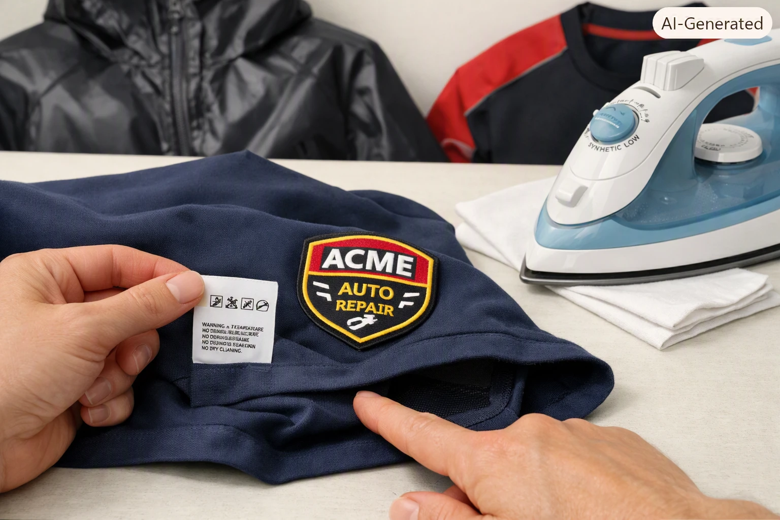 Care label, pressing cloth, patch, and hidden fabric test used to check polyester heat safety