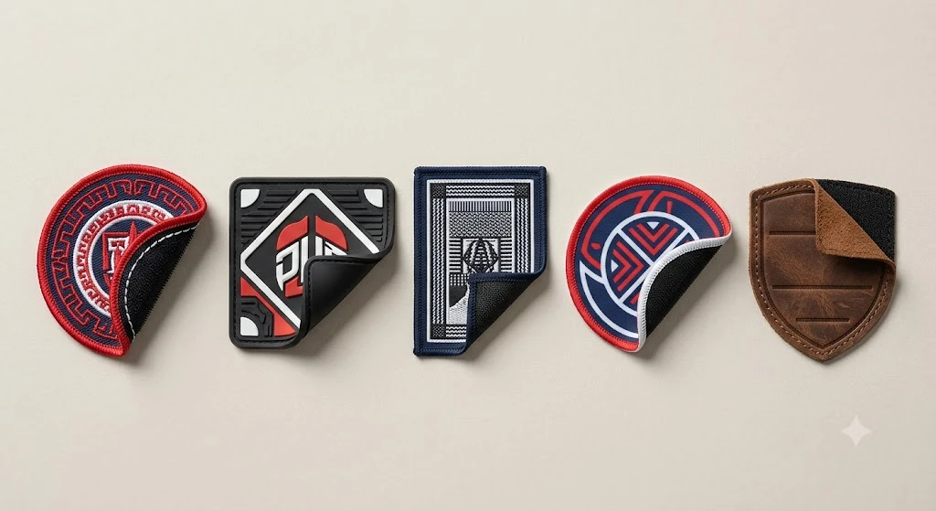 Embroidered, PVC, woven, printed, and leather hook and loop patches compared