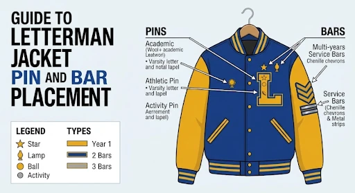 Infographics on letterman jacket pin and bar placement guide.