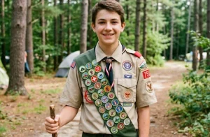A boy scout pictured camping in the woods, wearing the scout uniform with custom patches attached to it.