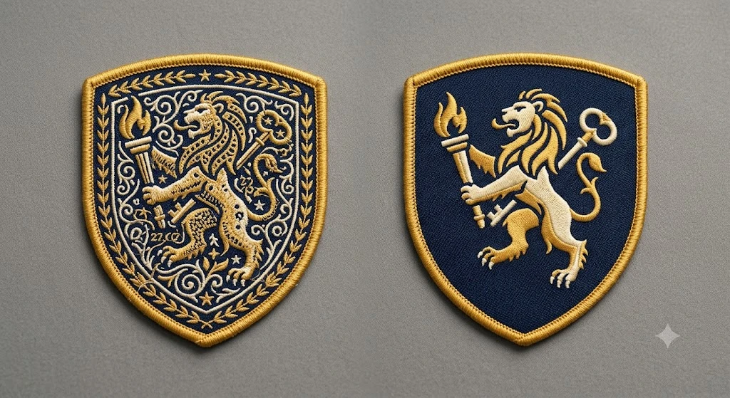 A professional product photograph comparing two physical shield-shaped embroidered patches, one overcrowded with excessive detail and scrollwork, and the other a simplified version of the exact same design with clean shapes and high negative space.