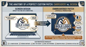 Infographic comparison showing how to adapt a digital logo into a production-ready custom embroidered patch design, featuring rules for thread color, contrast, and text size.
