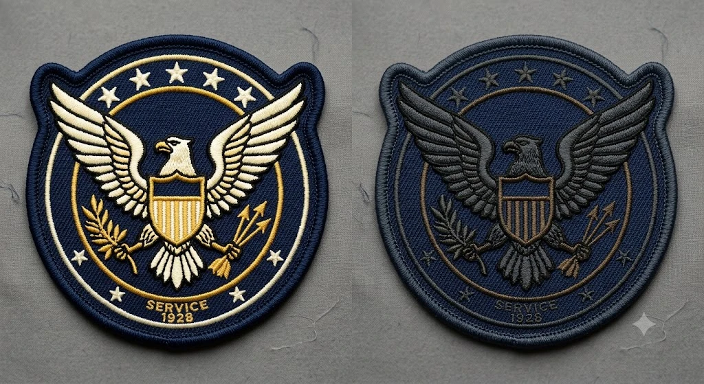 Side-by-side photo comparing the same embroidered logo patch with high light-on-dark contrast and low contrast color palette under identical lighting