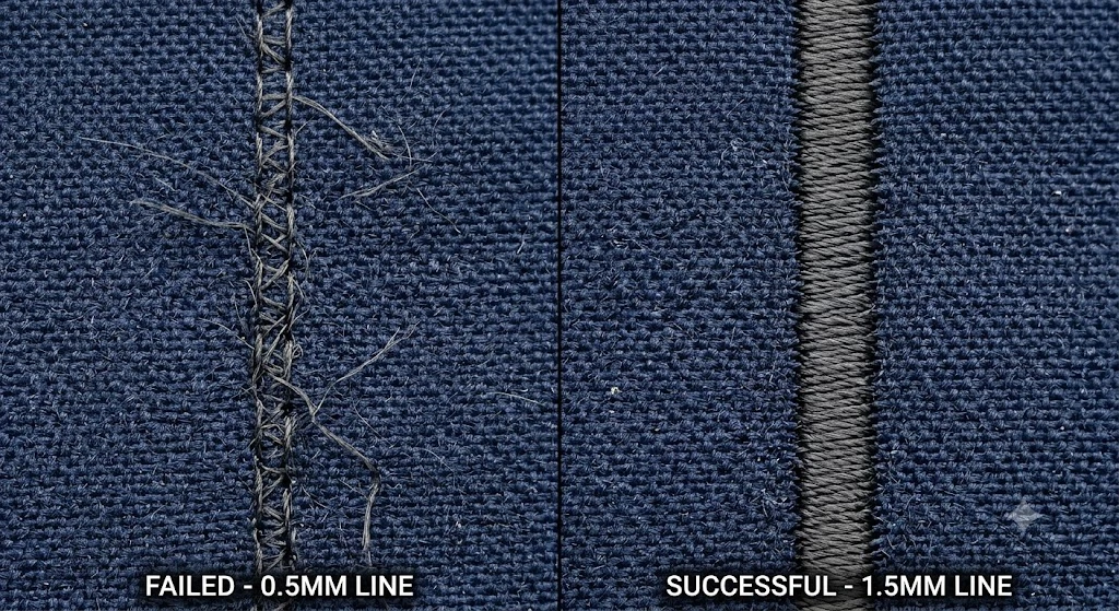 Image brief: macro photo comparing a 0.5mm line (broken or disappeared) against a 1.5mm line (clean and solid) on the same patch material.