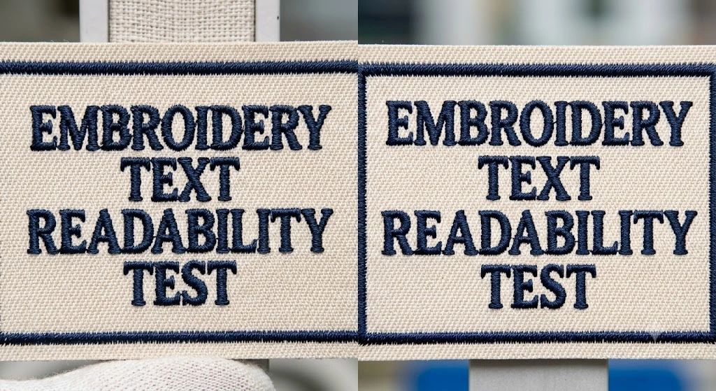 Macro photo comparing 3mm blurred embroidery text and 5mm crisp readable text on identical finished patch material with same font and thread color