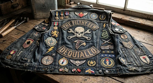 Multiple hells angels patches attached to a vest. 