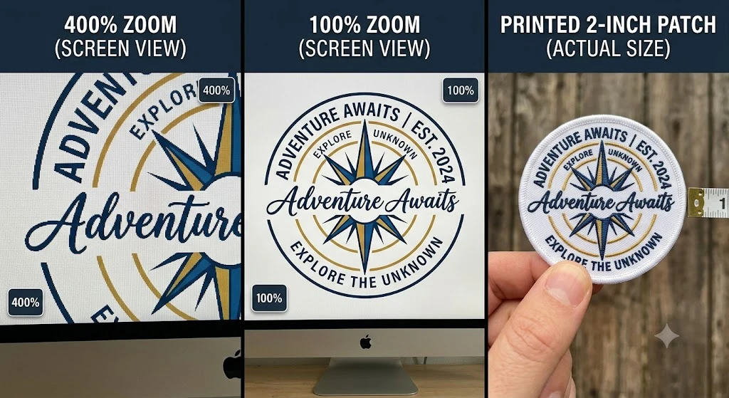 A three-panel side-by-side comparison showing a custom patch design viewed at 400 percent zoom, 100 percent screen scale, and as a physical 2-inch stitched embroidered patch held in hand.