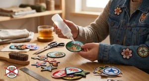A person applying fabric glue on iron on patches.