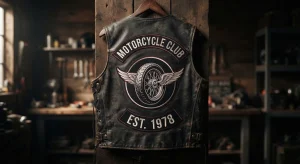 Three-piece motorcycle club back patch with top rocker, center emblem and bottom rocker on a black leather vest